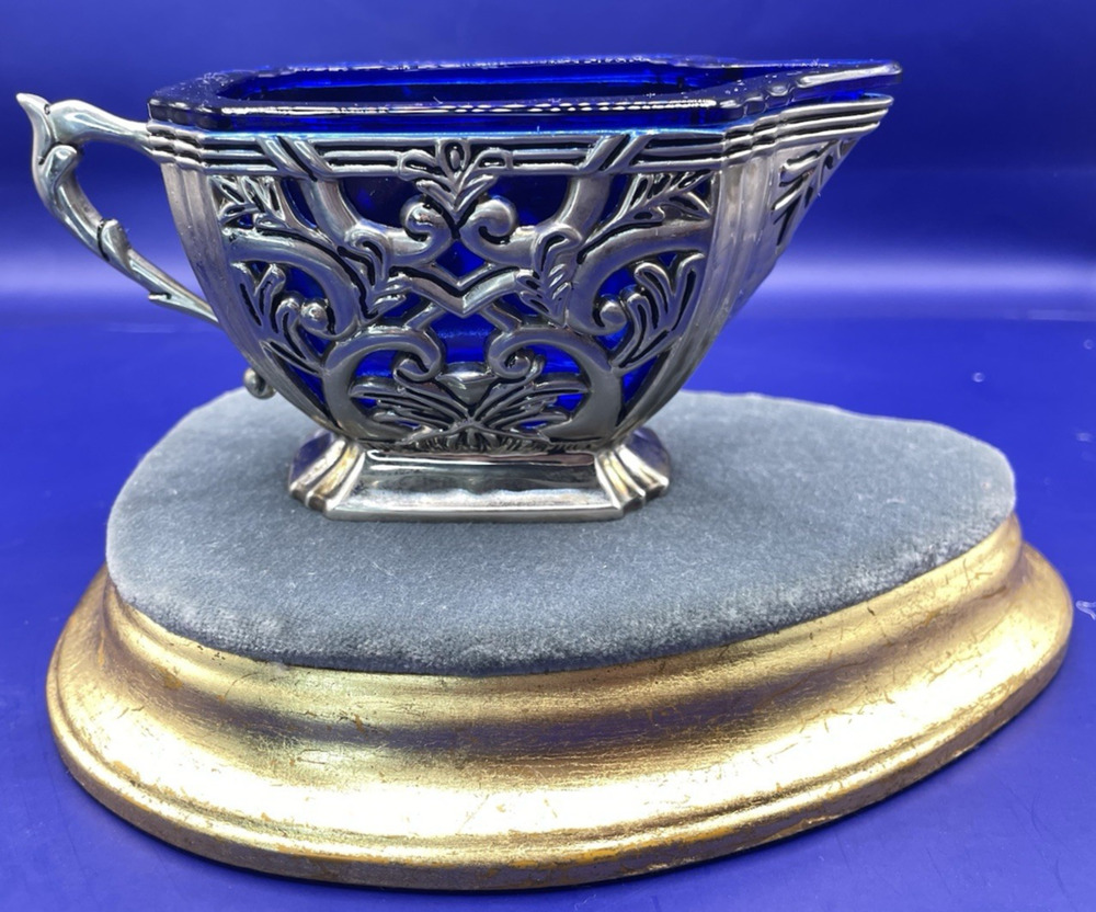 VTG Neiman Marcus Godinger Silver Plate Creamer with Cobalt Blue Glass Insert